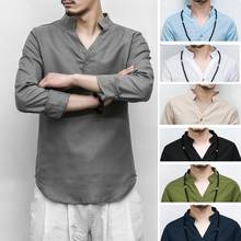 Vintage Men Solid Color Long Sleeve V Neck Linen Cotton Button Pullover Shirt New Style Loose Casual  All-match Top 2024 - buy cheap