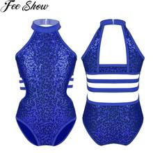 FEESHOW Ballet Dance Leotard Costume Girls Sleeveless Sparkly Sequined Cutouts Back Strappy Waist Rhythmic Gymnastics Clothes 2024 - buy cheap