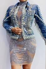 Women New Silver Rhinestones Sexy Dress Pearls Rivet Denim Jacket Coat Singer Dancer Dress Birthday Outfit Evening Prom Dress 2024 - buy cheap