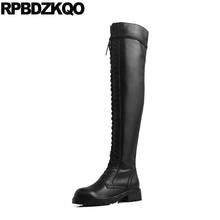 Botas con cremallera lateral para mujer, zapatos informales de cuero genuino por encima de la rodilla, con punta redonda negra, cordones largos, bloque alto de charol 9 2024 - compra barato