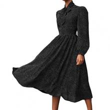 Women Casual Dress Fashionable Long Sleeve Scarf Neck Mid-Calf Dress Chiffon Wave Point Printed Midi Dress for Spring 2021 2024 - buy cheap