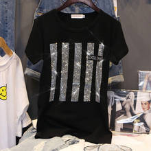 Camiseta coreana con diamantes de imitación para mujer, Tops negros holgados para mujer, camiseta Harajuku Y2k, ropa de calle de manga corta 2021 2024 - compra barato