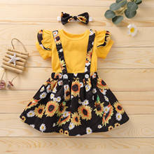 Girl’s Skirt Three Piece Suit Fresh Solid Color Short Sleeve T-shirt and Sunflower Suspender Skirt With Headband 2024 - buy cheap