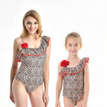 2020 Mommy And Me Swimsuit Leopard print Bodysuit Rose Ruffle Matching Family Outfits Summer Women Toddler Baby Girls Bikinis 2024 - buy cheap