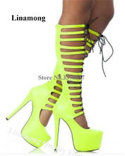 Linamong Sexy Round Toe Lemon Yellow Suede High Platform Stiletto Heel Gladiator Boots Cut-out Lace-up Long Sandal Boots 2024 - buy cheap