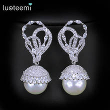 LUOTEEMI Elegant Shape Silver Color CZ Stone Paved Dangling Round Big Pearl Drop Earring for Women bijoux noel femmeJewelry Gift 2024 - buy cheap