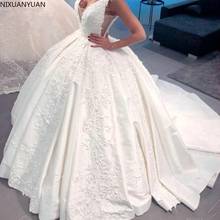 Ball Gown Wedding Dresses with Sheer V-Neck Appliques Beads Satin Sexy Backless Wedding Gowns Sweep Train Vestido De Noiva 2024 - buy cheap