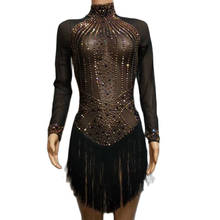 Gold Rhinestones Black Tassel Bead Women Dress One-Piece Dance Wear Birthday Celebrate Costumes Nightclub Mesh Perspective Dress 2024 - buy cheap