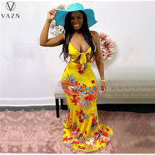 VAZN 2021 Top Quality Long Dress Sexy Yellow Beach Retro Print Halter Sleeveless Backless High Waist Women's Mermaid Maxi Dress 2024 - buy cheap