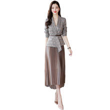 Goddess Fan Chunqiu light familiar style new mesh pleated skirt temperament irregular V-neck lacing Blazers two-piece Skirt Suit 2024 - buy cheap