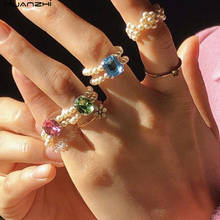 Huanzhi anéis de pérolas para mulheres, anéis brilhantes de cristal colorido feito a mão, ajustável de camada dupla para mulheres, banquete, 2020 2024 - compre barato
