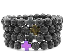 8mm 2f2 gold cross Magnetite adjusted zircon cubic zirconia Bracelet black volcanic lava Stone bead essential oils diffuser 2024 - buy cheap