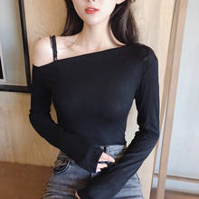 Camisa feminina slim sexy e simples de manga comprida, camiseta elástica de cor sólida com ombro de fora, novo, 2021 2024 - compre barato