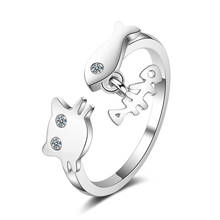 Anéis de casamento cor de prata para mulheres, anel ajustável fofo de gato e peixe, joias da moda, anéis da eternidade 2024 - compre barato