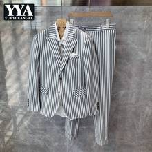 Inglaterra estilo dos homens listrado blazer moda casamento sinlge breasted magro terno jaqueta calças duas peças conjunto festa formal casaco 2024 - compre barato