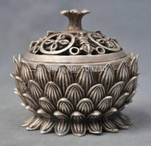 free shipping<<< 4'' China Silver Bronze censer Carved lotus Bronze Statue 2024 - buy cheap
