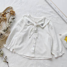 Blusas escolares brancas de algodão para meninas, camisas de manga longa com laço de algodão para crianças, roupas para primavera/outono lz564, 2019 2024 - compre barato