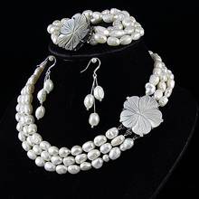 Conjunto de joyas de perlas de agua dulce para mujer, impresionante conjunto de collar, pulsera, pendientes, broche de flores y concha 2024 - compra barato