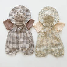 Conjunto de ropa de estilo coreano para bebé, niño y niña, Camiseta de algodón + Mono de celosía + sombrero, traje de ropa para bebé recién nacido 2024 - compra barato