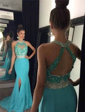 Turquoise New Prom Dresses Halter Top Backless Mermaid Evening Party Gowns With Beading Vestido De Fiesta Gala Sleeveless Gown 2024 - buy cheap