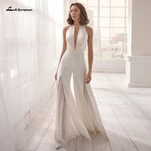 Lakshmigown Classic Bridal Halter Jumpsuit Wedding Dress 2020 See Through Boho Satin Wedding Gowns Open Back Vestidos de Novias 2024 - buy cheap