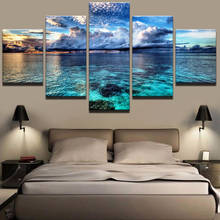 Hd impresso pintura da lona crianças decoração do quarto quadro 5 peças céu azul e nuvens brancas seascape poster imagem modular 2024 - compre barato