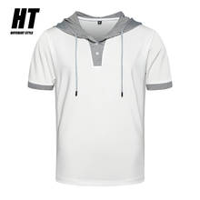 Camisa de mangas curtas com capuz para homens, camiseta de retalhos e slim de marca para o verão de academia e fitness, nova, 2021 2024 - compre barato