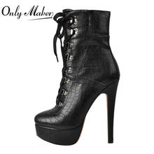 Onlymaker Women 16cm Black  Platform Stiletto Ankle Boots For Woman Lace Up Side Zipper Black  Fashion Booties 2024 - buy cheap