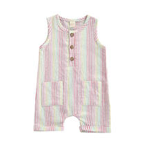 Baby Girls Striped Short Romper, Sleeveless O-neck Jumpsuit with Pockets for Summer 2024 - buy cheap