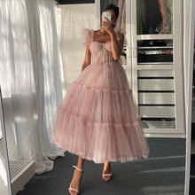 Simple Light Pink Short Tea-Length Prom Dresses 2021 Spaghetti Straps Tiered Tulle Party Gowns Sweeheart Wedding Party 2024 - buy cheap