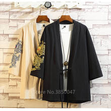 M-5XL Japanese Kimono Coat Jackets Shirt Men Chinese Dragon Embroiderd Three Quarter Sleeve Collarless Shirts Cotton Linen Male 2024 - buy cheap