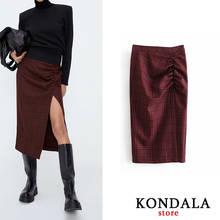 KONDALA Women Skirt Za Vintage Plaid Print Pleated Sheath Mid-Calf Skirts Autumn Winter Thick Skirts High Waist Faldas 2024 - buy cheap