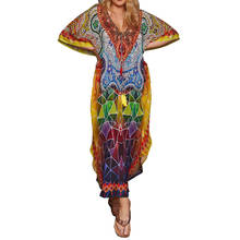 Women Long Boho Dress 2021 Plus size Print Beach Tunic Sarong Robe de Plage  Long Summer Dress V neck Tassel Ladies Casual Dress 2024 - buy cheap