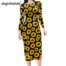 Doginthehole Sunflowers Pattern Women Elegant Party Dress Autumn Casual Long Sleeve Bodycon Tunic Teen Girls Fashion Streetwear 2024 - buy cheap