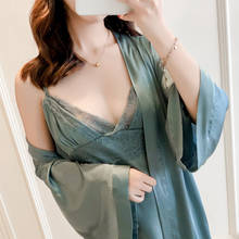 Conjunto de camisola sexy em cetim, roupão de banho feminino, cores sólidas, camisola, roupa de dormir com laço, 2019 2024 - compre barato