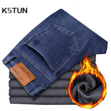 Kstun jeans de inverno para o homem dos homens clássico jeans direto em linha reta azul estiramento negócio casaul denim calças de lã dos homens jeans marca 2024 - compre barato