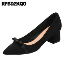 Fashion Suede Pumps Block Heels Shoes For Women Black 2021 Size 4 34 Slip On Casual Medium Thick Bow Chunky Designer Pointed Toe 2024 - buy cheap