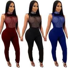 Women Sexy Jumpsuit Diamond Feather Semitransparent Mesh Patchwork Turtleneck Long Pencil Pants Party Romper Nightclub Overalls 2024 - buy cheap