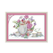 Pink rose table cross stitch kit cartoon 14ct 11ct count print canvas stitching embroidery DIY handmade needlework 2024 - buy cheap