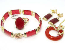Jewelry  Gold Plated Red jade pendant earrings bracelet Ring Set  gold plated watch wholesale Quartz stone CZ crystal 2024 - buy cheap
