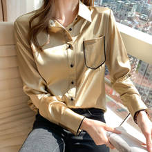 Camisa feminina de cetim manga comprida, blusa feminina elegante com lapela e botão de bolso, para primavera 2021 2024 - compre barato
