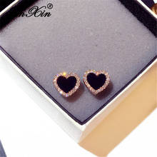 Korean Style Black Stone Lover Heart Stud Earrings For Women Rose Gold Vintage Party Wedding Ear Studs Christmas Jewelry Gifts 2024 - buy cheap