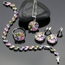 Conjuntos de joias de prata 925 para mulheres, flores com colar/anel, brincos/pulseira/pingente de zircônio cúbico multicolorido 2024 - compre barato