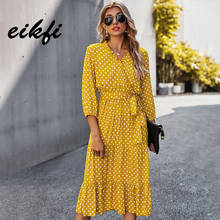 Eikfi-vestido de bolinhas com babado lateral, vestido feminino, primavera-verão, boho de cintura alta com cinto, vestidos longos 2024 - compre barato
