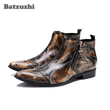 Batzuzhi-botas estilo Rock para hombre, Botines de cuero genuino, Punk, bronce, Punta puntiaguda, para motocicleta, militares grandes, 12 2024 - compra barato