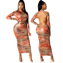 Zoctuo Dress For Women Colorful Striped Print Open Back Dress Patchwork Long Sleeve Bodycon Maxi Pencil Night Club New Dress 2024 - buy cheap