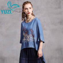 Vintage Blouse 2020 Yuzi.may Boho New Denim Women Blusas O-Neck Asymmetricak Hem Embroidery Back Slit Loose Blouses B9297 2024 - buy cheap