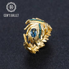 GEM'S BALLET-anillo ajustable de Plata de Ley 925 con pluma dorada para mujer, sortija con Topacio Azul de Londres Natural de 0,47 CT, joyería fina 2024 - compra barato