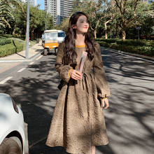 2021 Women Long Sleeve O-neck Slim Korean Dress Spring Autumn Female Elegant Chic Big Swing Drawstring Waist Mid-long Dresses 2024 - buy cheap