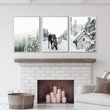 Зимние лося принт рождественского оленя и сосновая шишка Nordic Стиль Wall Art Картина на холсте, украшение картину Гостиная плакат в скандинавском стиле 2024 - купить недорого